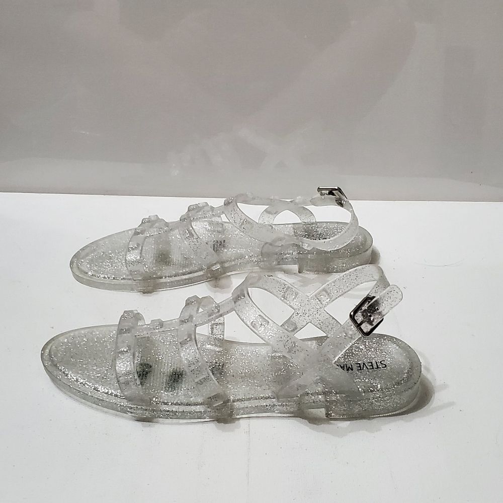 Steve Madden Girls Jtripper Jtravel Silver Glitter Studded Jelly Sandals NWOB